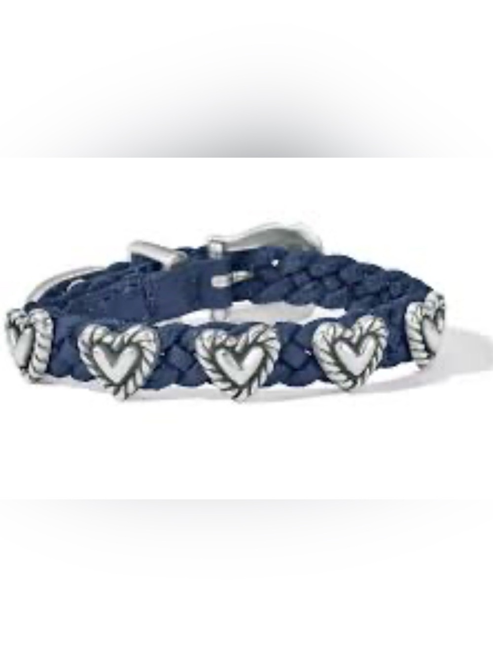 Brighton Navy Braided Leather Bracelet with Silver Heart Accents Adjustable EUC